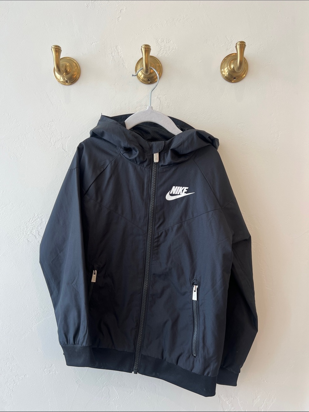 Nike Kids Black Hooded Windbreaker with White Logo